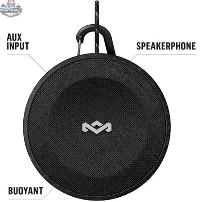 House of Marley No Bounds portable Bluetooth speaker in black with textured fabric exterior and control buttons visible.