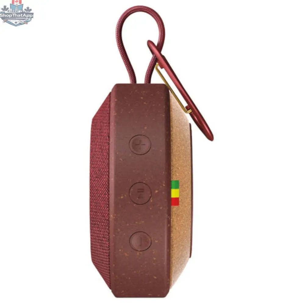 House of Marley No Bounds outdoor speaker in red, showing durable design and portable size for outdoor audio enjoyment.