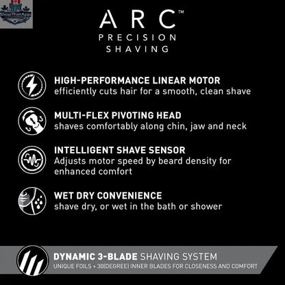 Panasonic ARC3 electric razor for men with pop-up trimmer, refurbished with Home Essentials warranty, shown with shaving head and trimmer.