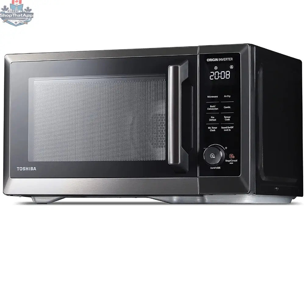 Toshiba 7-in-1 microwave oven with air fryer, stainless steel finish, digital control panel, compact design for home kitchen use.