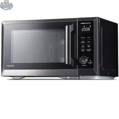 Toshiba 7-in-1 microwave oven with air fryer, stainless steel finish, digital control panel, compact design for home kitchen use.