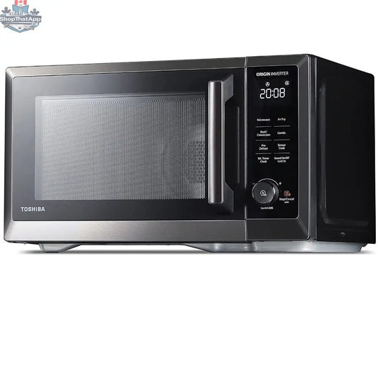 Toshiba 7-in-1 microwave oven with air fryer, stainless steel finish, digital control panel, compact design for home kitchen use.