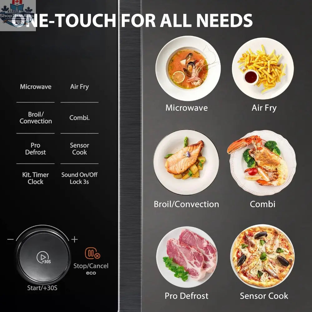 Toshiba 7-in-1 microwave oven with air fryer, digital control panel, stainless steel exterior, and compact design for modern kitchens.