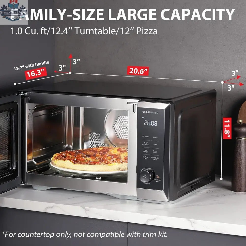 Toshiba 7-in-1 microwave oven with air fryer, stainless steel finish, digital control panel, and interior oven light.