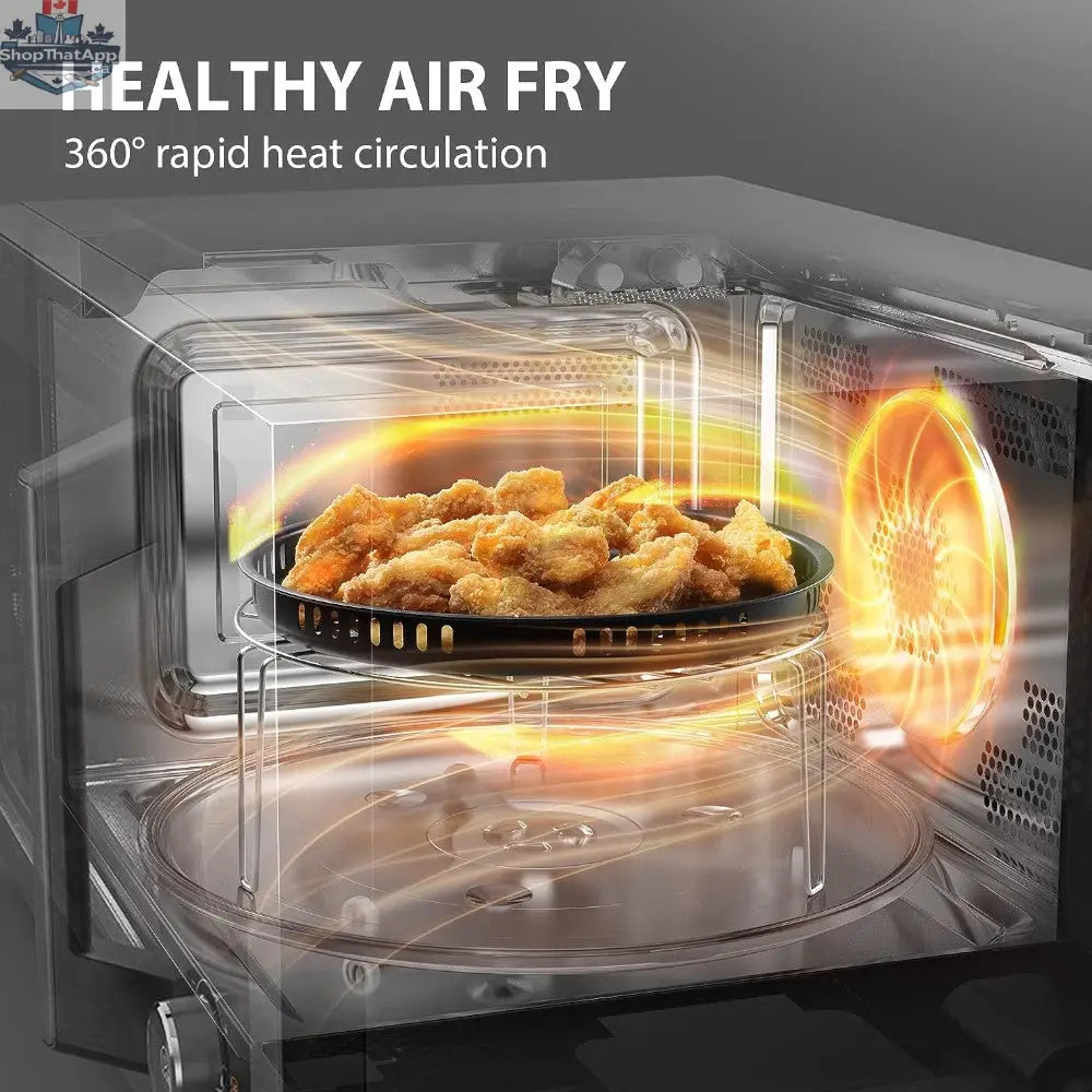 Toshiba 7-in-1 microwave oven with air fryer, stainless steel finish, digital display, and control panel for versatile cooking.