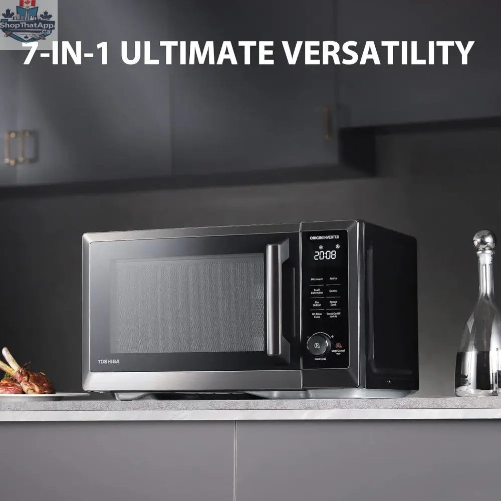 Toshiba 7-in-1 microwave oven with air fryer, stainless steel finish, digital control panel, and interior lighting.