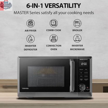 Toshiba 6-in-1 microwave air fryer combo in black, showing digital control panel and spacious interior for versatile cooking.