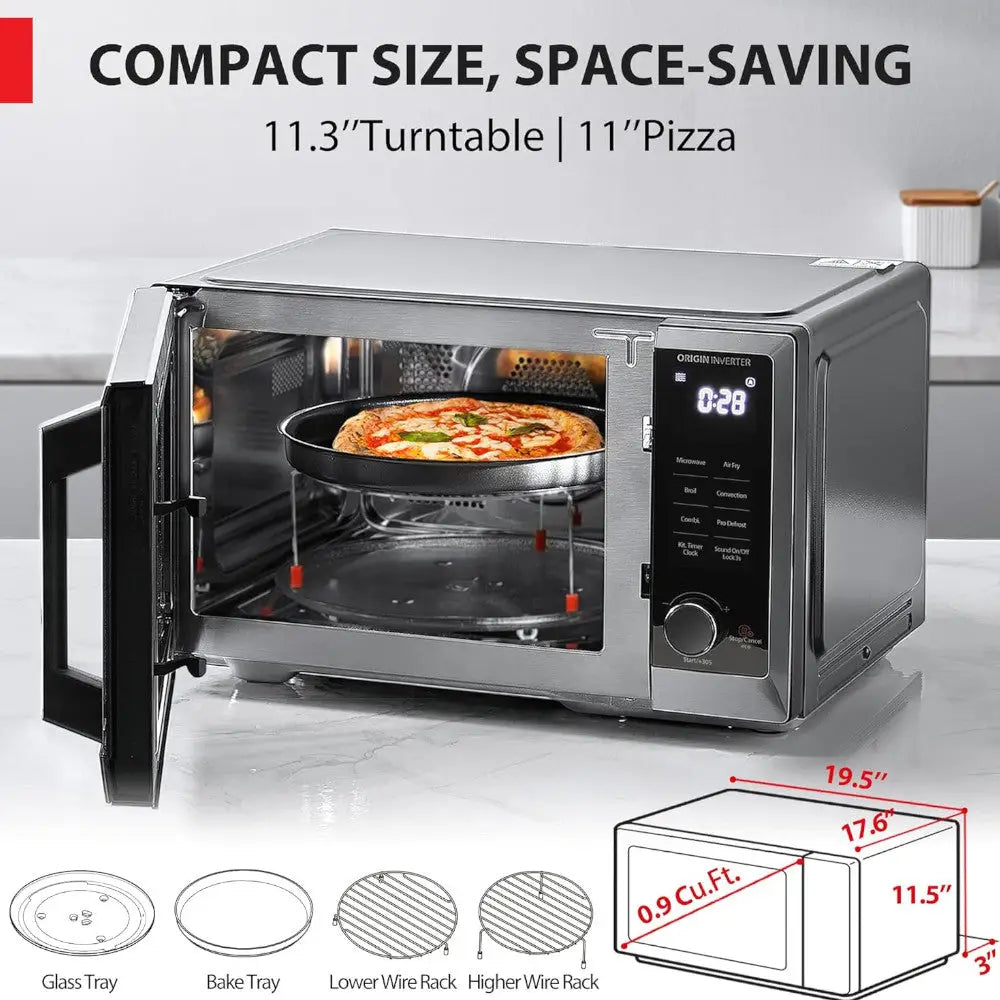 Toshiba microwave air fryer combo, 6-in-1 model ML2-EC09SAIT(BS), with digital display and stainless steel finish.