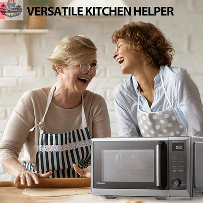 Toshiba Microwave Air Fryer Combo 6-in-1 model ML2-EC09SAIT(BS) showing digital control panel and cooking interior.