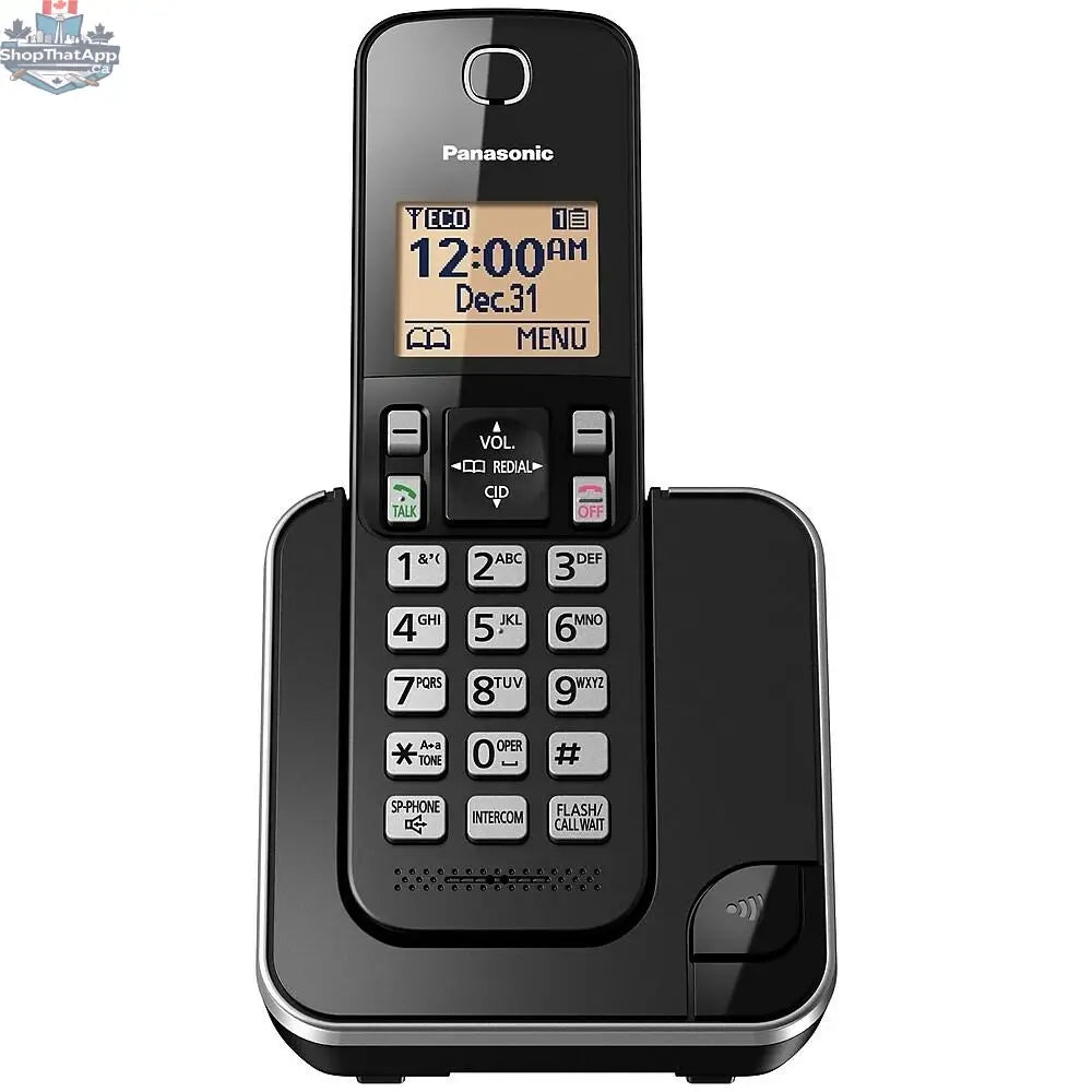 Refurbished Panasonic cordless phone KXTGC380C with one handset, clear display, and home essentials warranty, electronics product image.