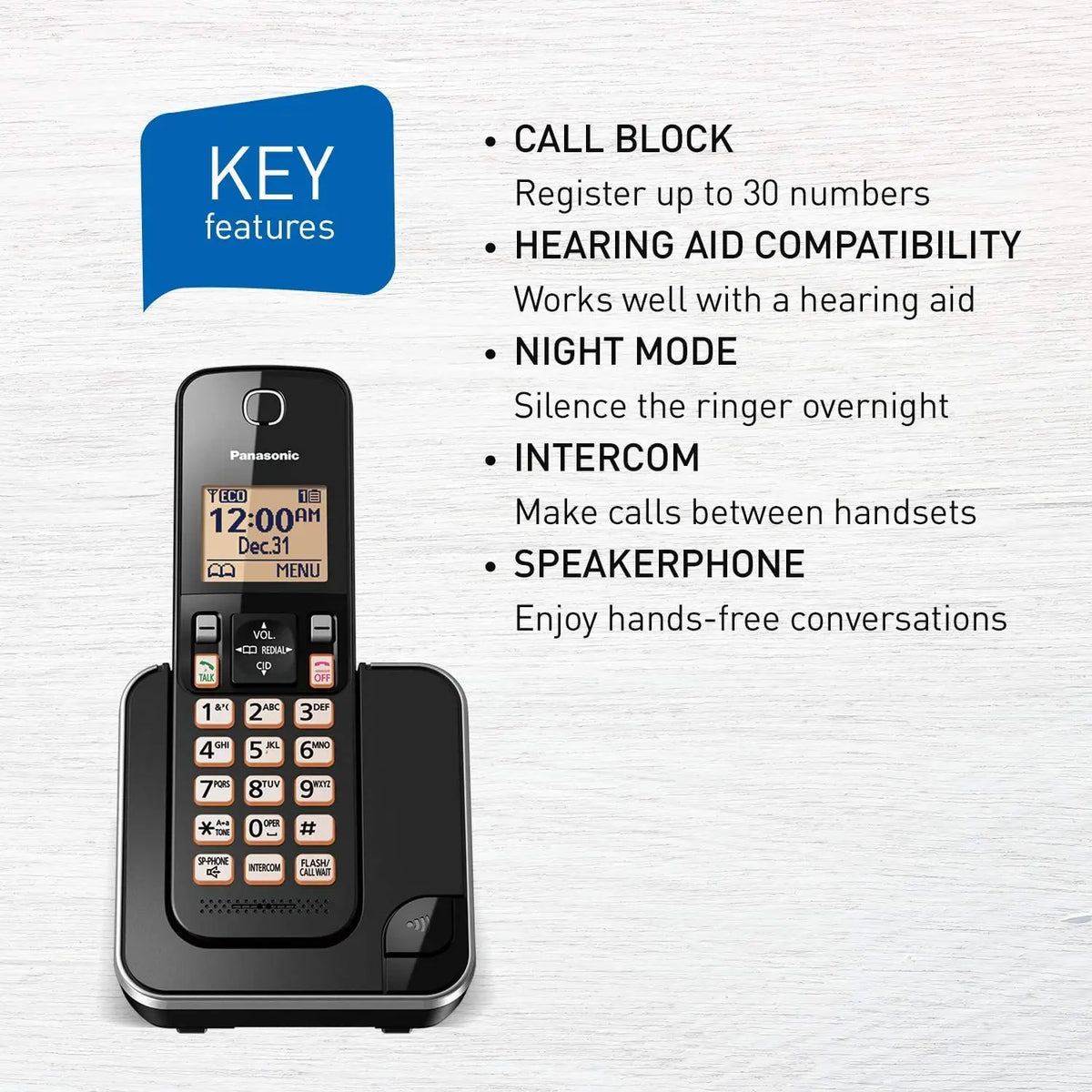 Refurbished Panasonic cordless phone KXTGC380C with one handset, featuring a sleek design and home essentials warranty.