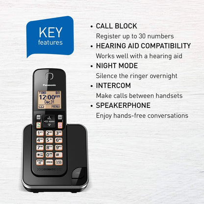 Refurbished Panasonic cordless phone KXTGC380C with one handset, featuring a sleek design and home essentials warranty.