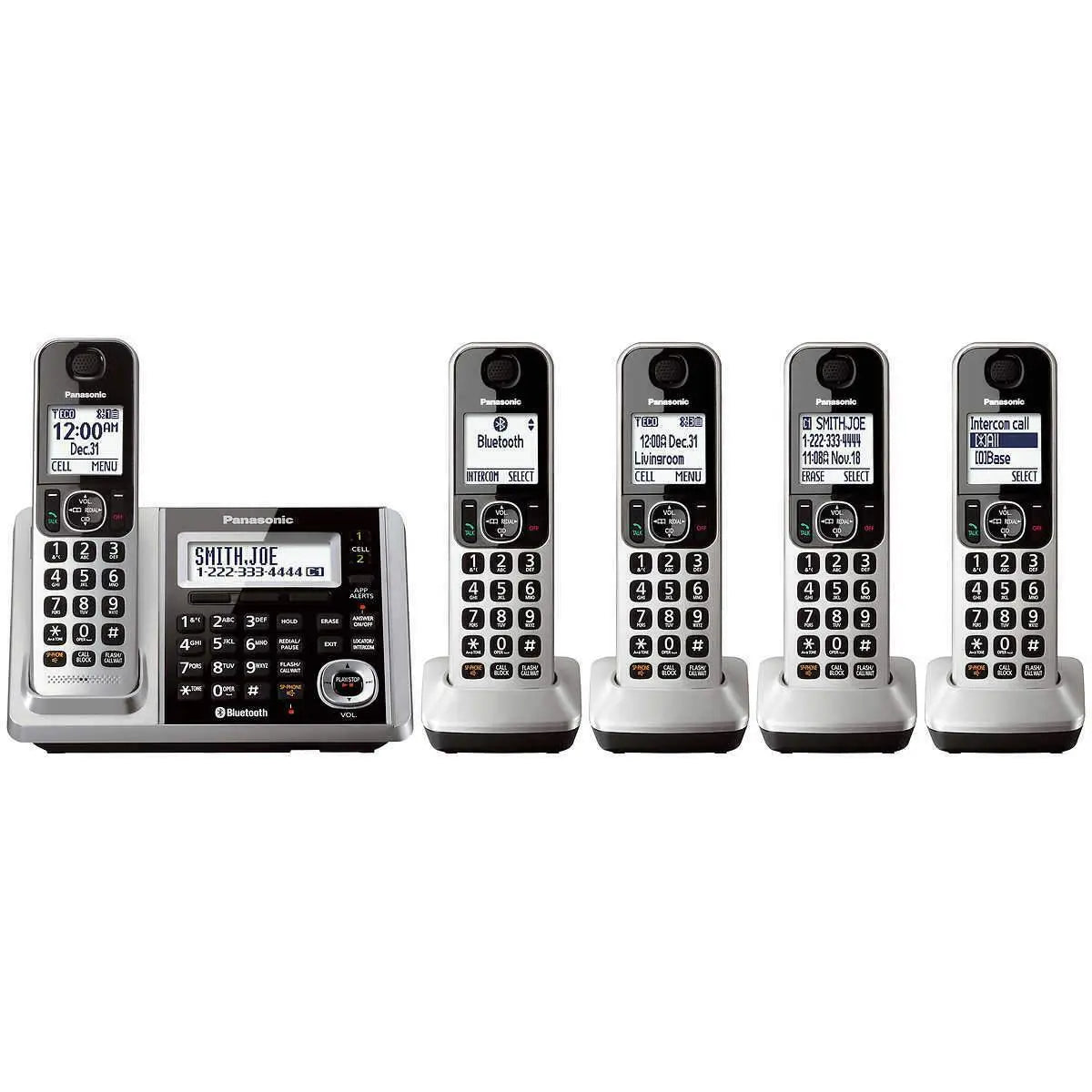 Refurbished Panasonic cordless phone with answering machine, 5 handsets, digital system, and Link2Cell technology.