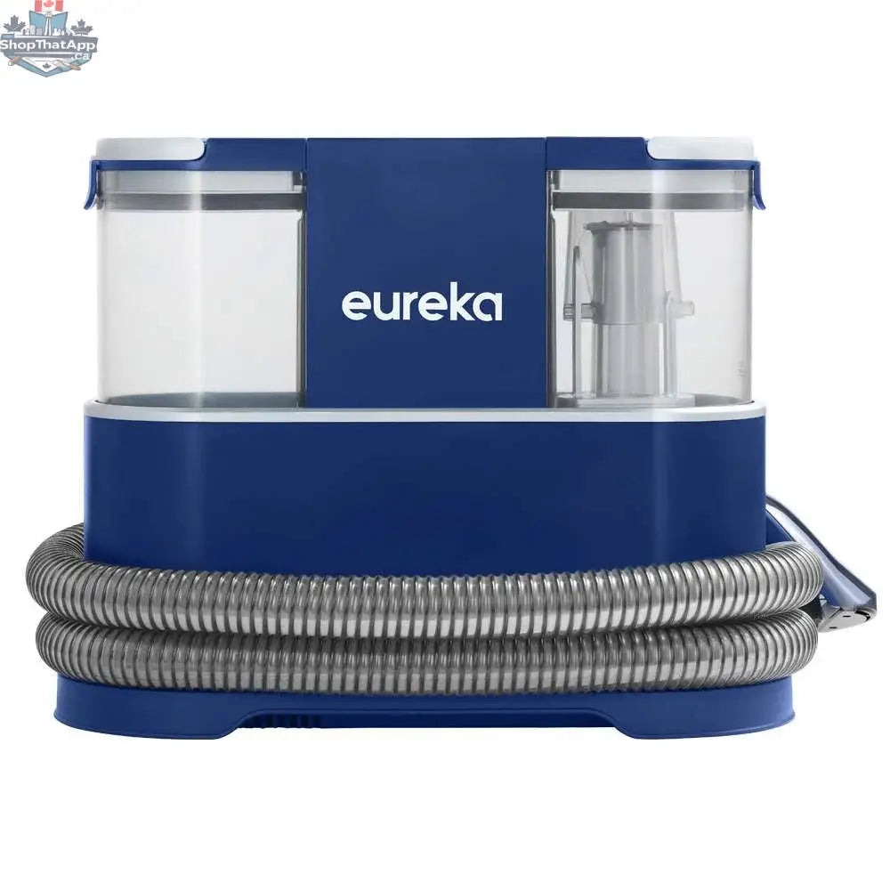 Eureka NEY100 portable carpet cleaner with compact design, featuring clean water tank and cleaning attachments for home use.