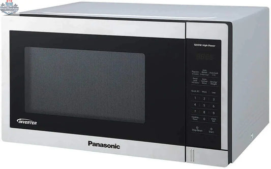 Refurbished Panasonic 1.3 cu ft stainless steel microwave oven with digital display and turntable, model NN-SC678S.