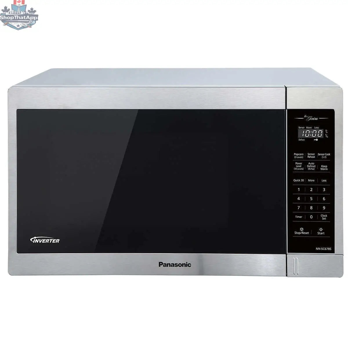Refurbished Panasonic stainless steel 1.3 cu ft microwave oven with digital controls and turntable, showcasing the appliance's front view.