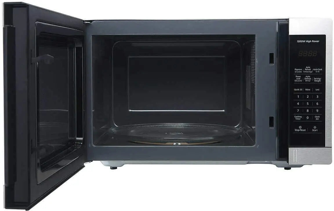 Refurbished Panasonic 1.3 cu ft stainless steel microwave model NN-SC678S with digital display and turntable.
