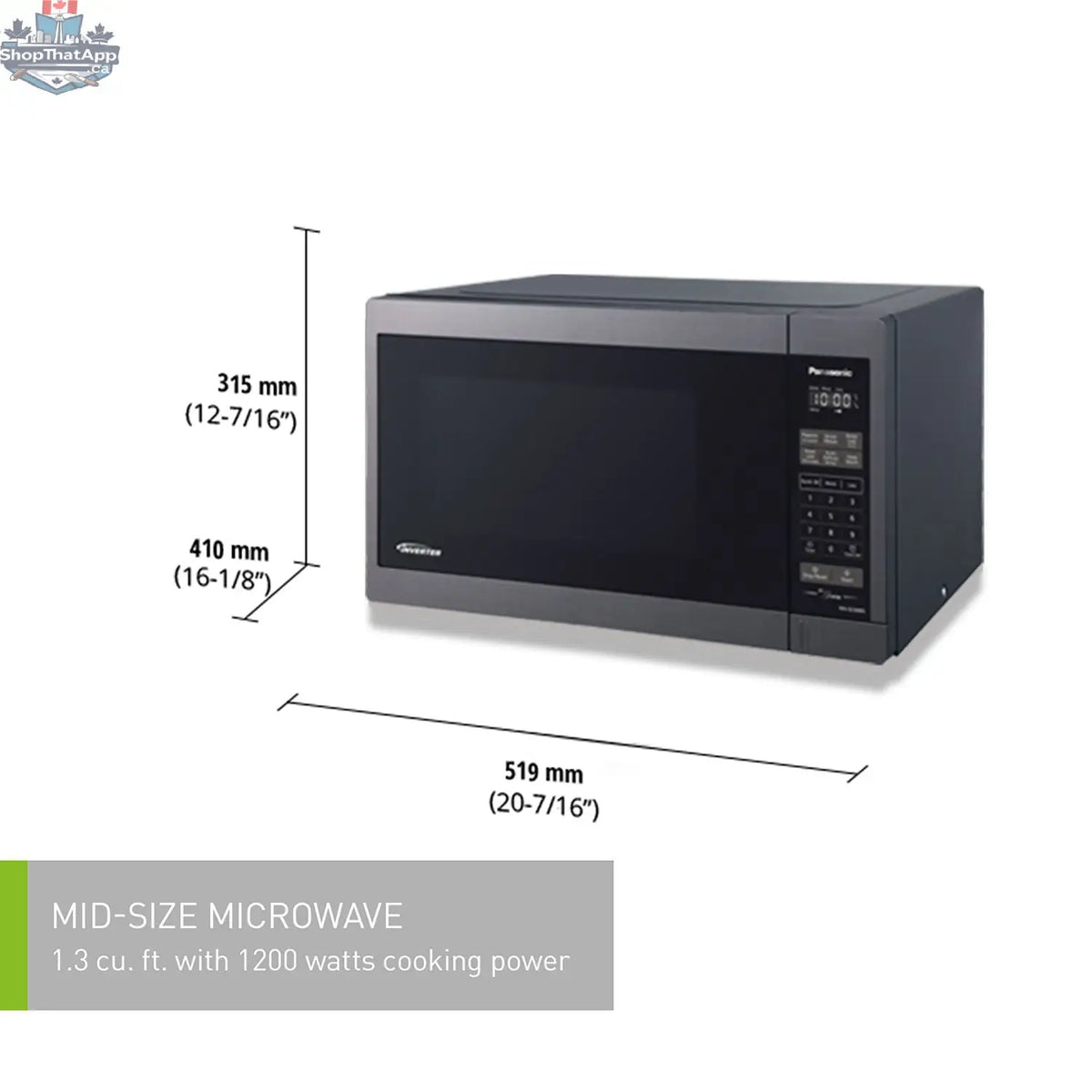 Refurbished Panasonic 1.3 cu ft stainless steel microwave oven, Genius model NN-SC678S, with digital display and turntable.