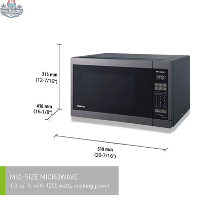 Refurbished Panasonic 1.3 cu ft stainless steel microwave oven, Genius model NN-SC678S, with digital display and turntable.