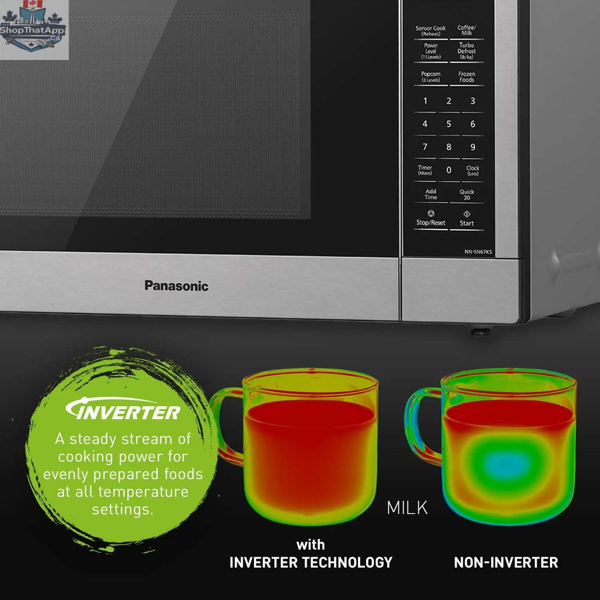Refurbished Panasonic 1.3 cu ft stainless steel microwave oven with digital controls and interior light.