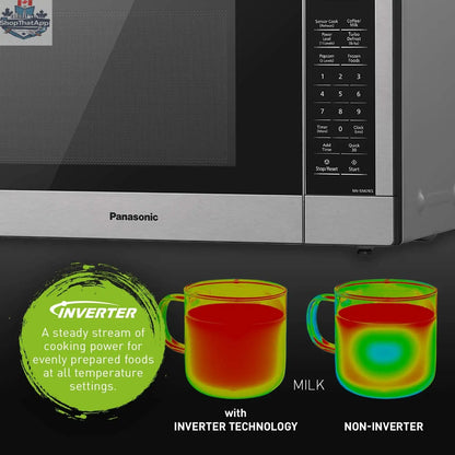 Refurbished Panasonic 1.3 cu ft stainless steel microwave oven with digital controls and interior light.