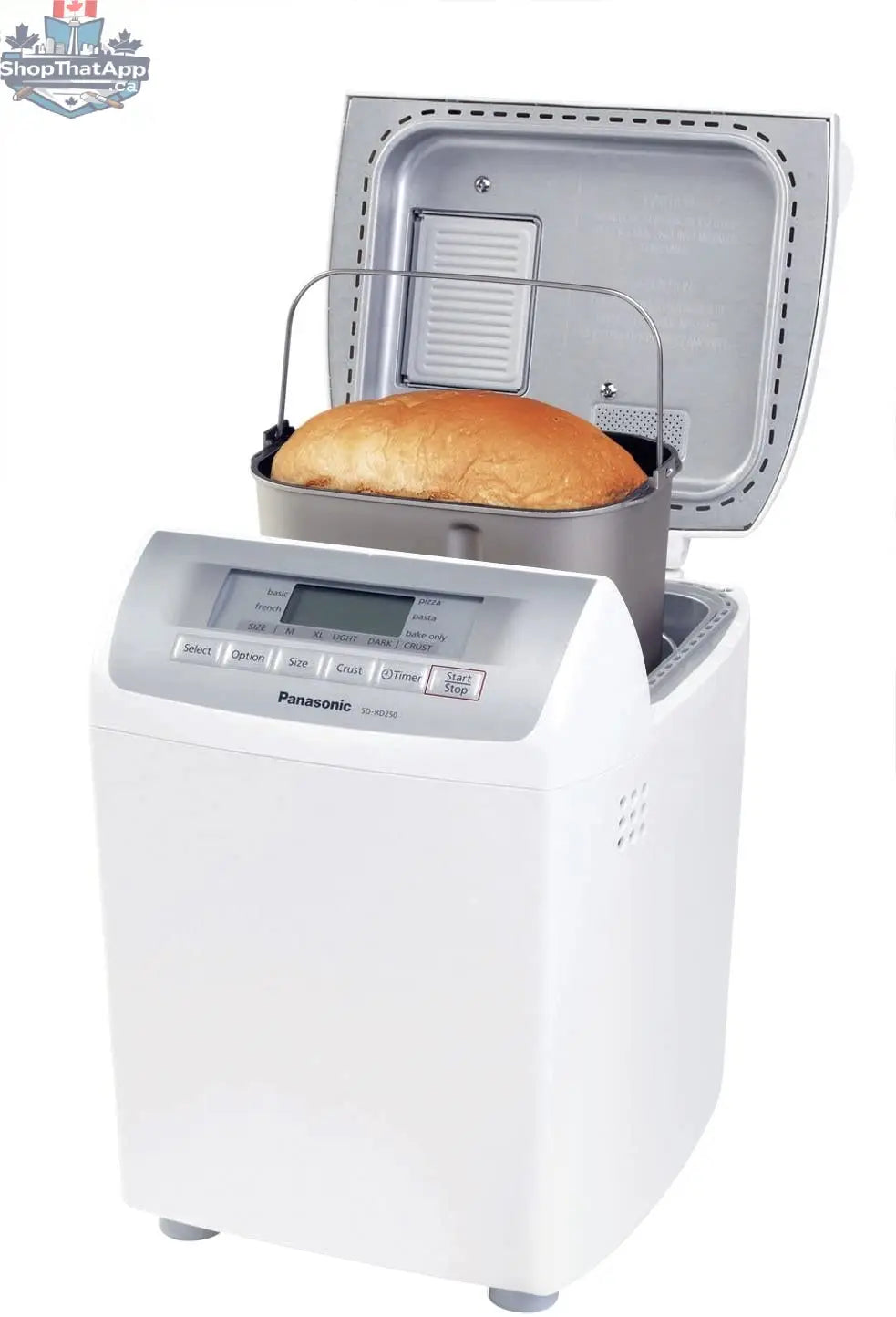 Refurbished Panasonic bread maker SDRD250, a household appliance with digital controls and a bread pan, displayed on a kitchen countertop.