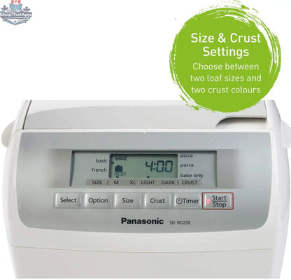 Refurbished Panasonic SDRD250 bread maker with digital controls, shown on a kitchen countertop, featuring a sleek household appliance design.