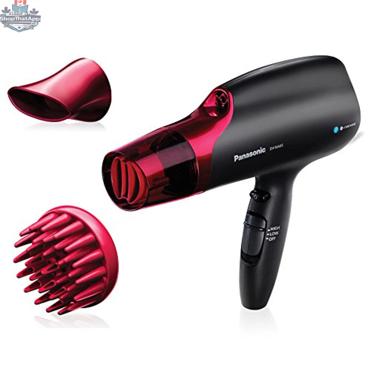 Refurbished Panasonic Nanoe hair dryer by Home Essentials Outlet, professional personal care device with sleek design and nozzle attachment.