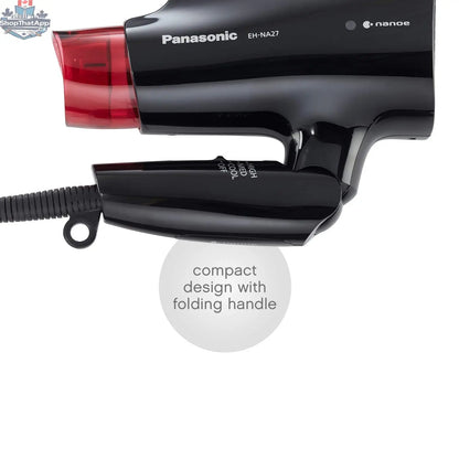 Refurbished Panasonic Nanoe travel hair dryer with ergonomic handle and diffuser, showcasing sleek design and compact size.