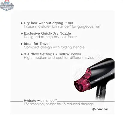 Refurbished Panasonic Nanoe travel hair dryer with compact design and foldable handle, featuring home essentials warranty.