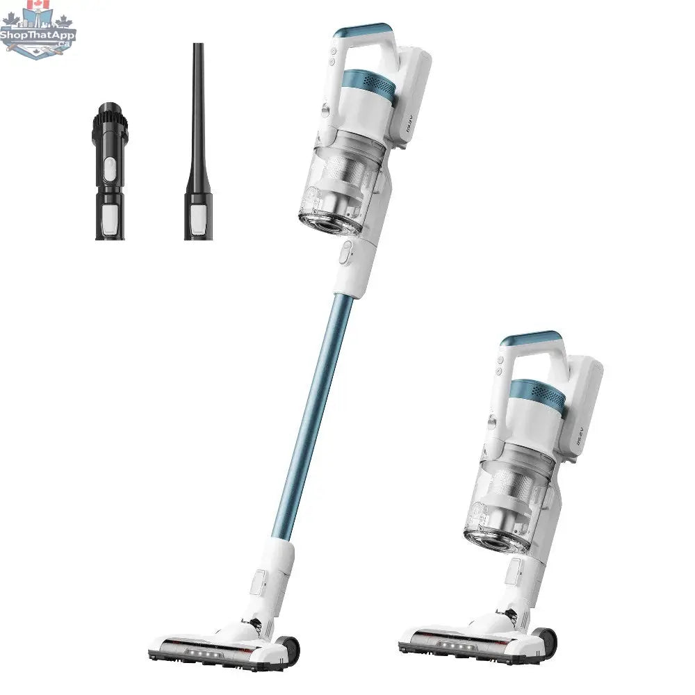 Home Essentials Outlet Eureka NEC280TL cordless vacuum cleaner with detachable handheld, shown with cleaning attachments on a hardwood floor.