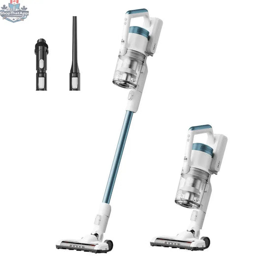 Home Essentials Outlet Eureka NEC280TL cordless vacuum cleaner with detachable handheld, shown with cleaning attachments on a hardwood floor.