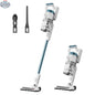 Home Essentials Outlet Eureka NEC280TL cordless vacuum cleaner with detachable handheld, shown with cleaning attachments on a hardwood floor.