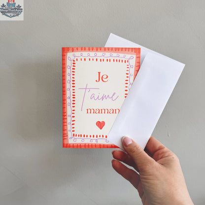 HoraceJewelry "Je t'aime Maman" greeting card featuring heartfelt message for expressing love to mom.