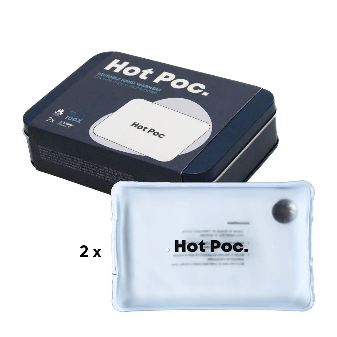 HotPoc eco-friendly reusable chemical body warmers in a 2-pack, shown in a resealable package for portable warmth.