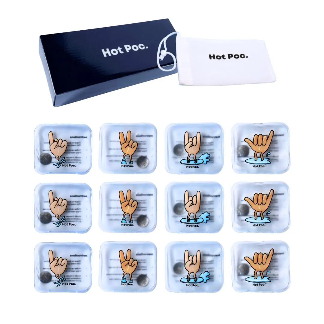 Set of 12 HotPoc eco-friendly reusable hand warmers in a family pack, ideal for keeping hands warm during cold weather.