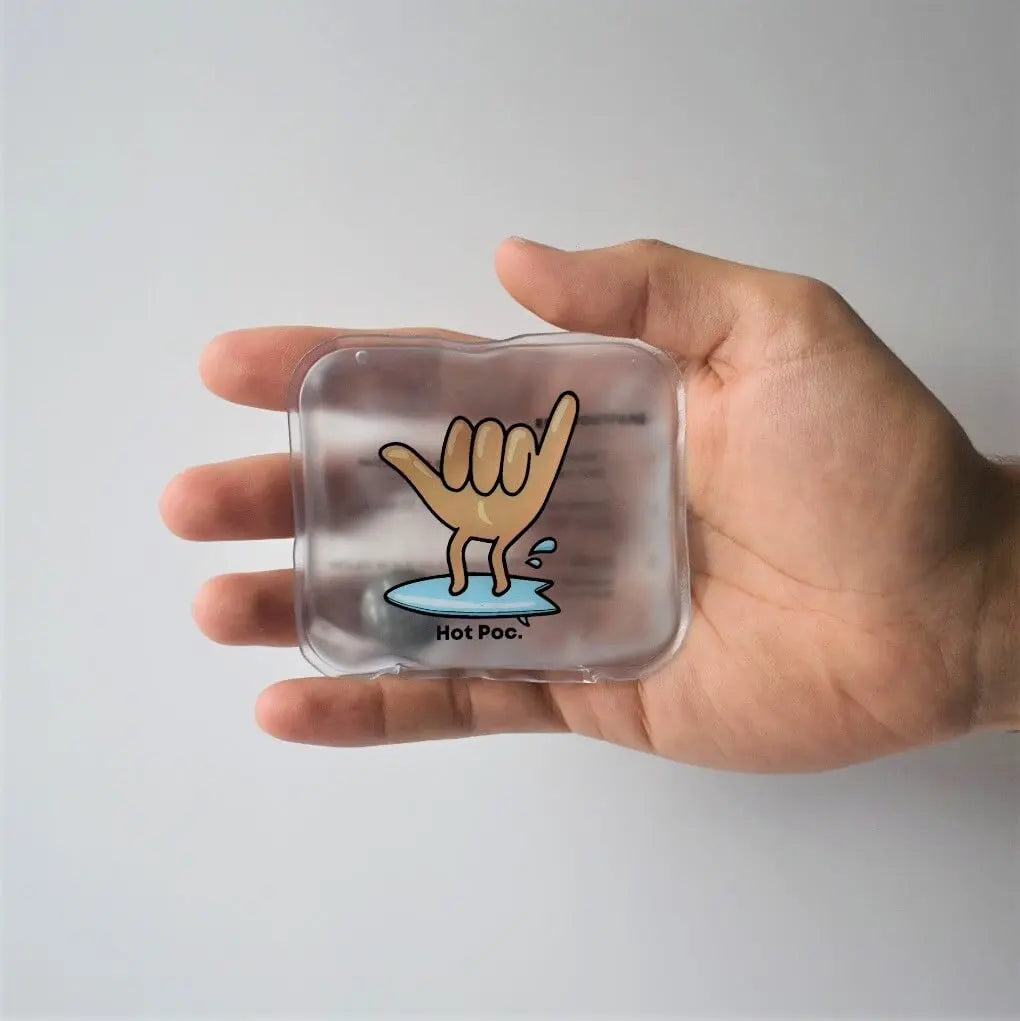 Hot Poc eco-friendly reusable hand warmers family pack with 12 warmers, shown in a snowy outdoor setting.