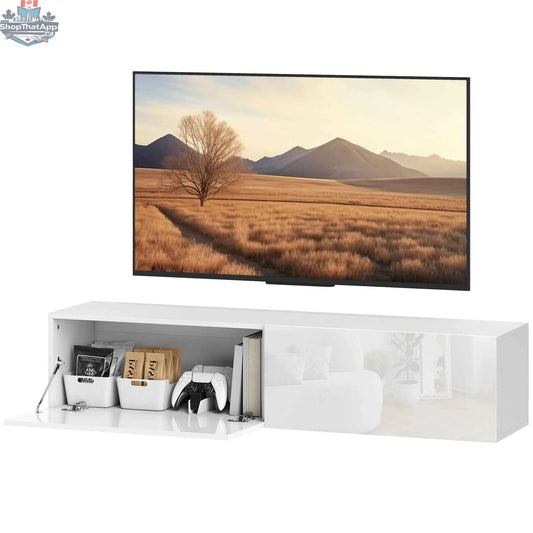 White Hunter floating TV stand with storage cupboards, ideal for 65-inch TVs, from SLOTH Nation, modern living room furniture.