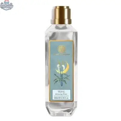 Forest Essentials Tejal Balancing Water for skin, in a clear glass bottle with a spray nozzle, displayed on a white background.