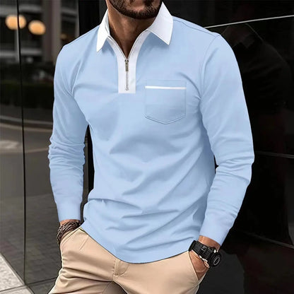 2024 Autumn men's long sleeve zipper polo shirt in trendy fashion, featuring a classic collar and zipper closure, in a stylish fall color