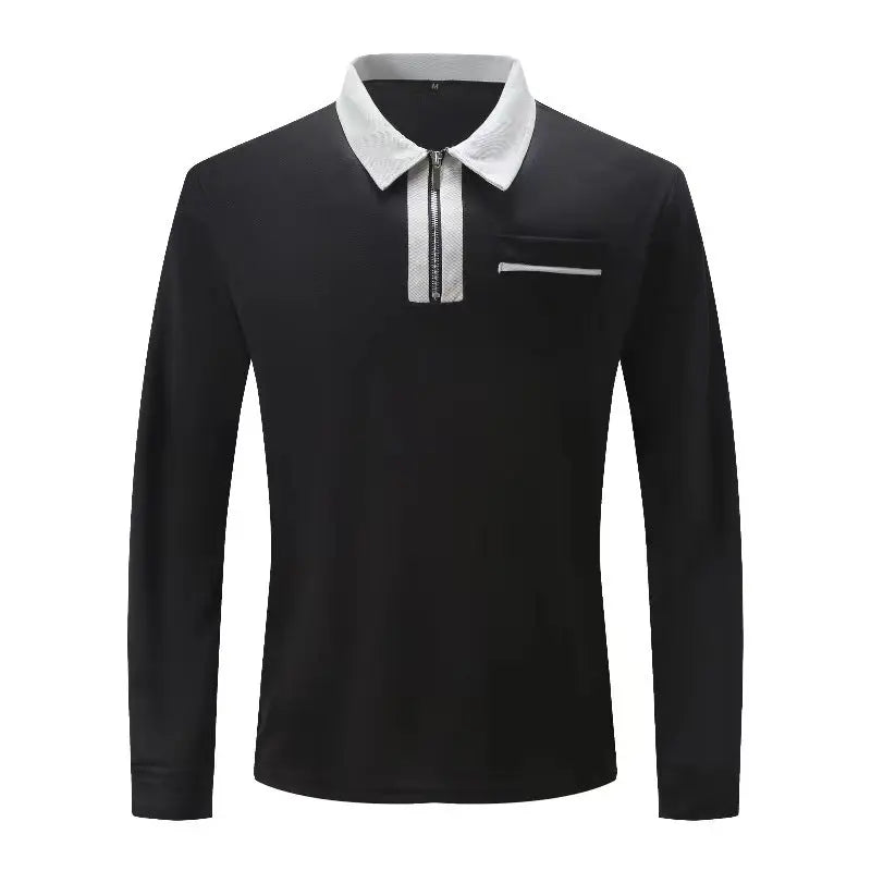 Men's 2024 Autumn Zipper Polo shirt with long sleeves, stylish and trendy for fall fashion, in a natural fabric with a classic collar.