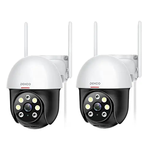 2K outdoor security camera with motion tracking and detection, featuring a weatherproof design and high-resolution lens.