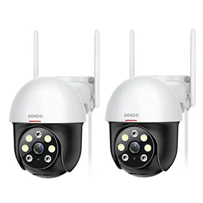2K outdoor security camera with motion tracking and detection, featuring a weatherproof design and high-resolution lens.