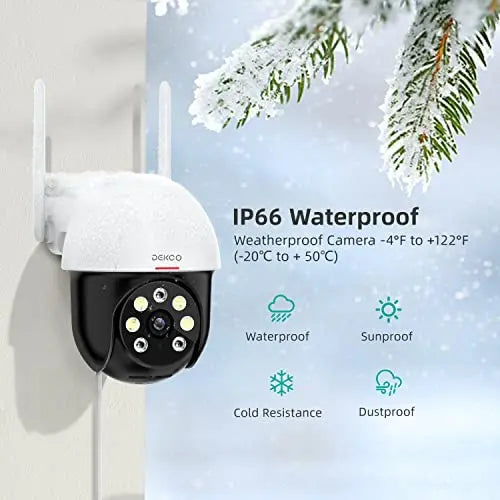 2K outdoor security camera with motion tracking and detection, featuring a weatherproof design and wide-angle lens for enhanced surveillance.