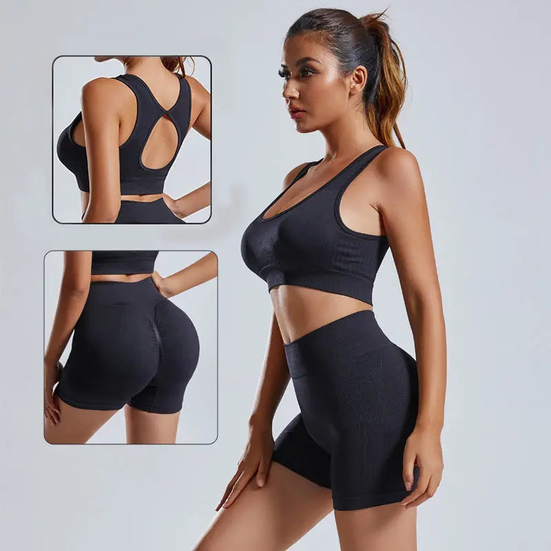 Women's yoga set with stylish vest and shorts, featuring a comfortable fit for active workouts, in a trendy athletic design.