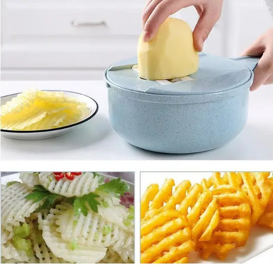 8 in 1 mandoline vegetable slicer by Like2b-uy, with various blades for slicing potatoes, carrots, onions, and more.