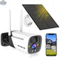 Wireless outdoor solar security camera with solar panel and battery power, ideal for outdoor surveillance and security.