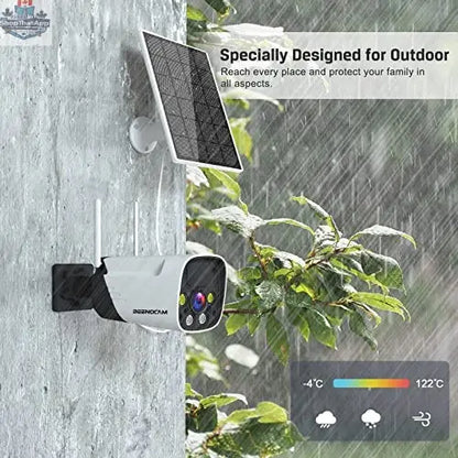 Wireless outdoor security camera by Like2b-uy, solar-powered battery system with 2K resolution and weatherproof design.