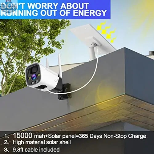 Wireless outdoor security camera by Like2b-uy, solar-powered with weather-resistant design and high-definition 2K video capture.