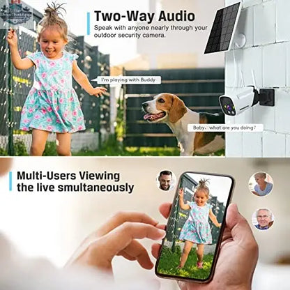 Wireless outdoor security camera by Like2b-uy, solar-powered with battery, capturing outdoor surveillance footage in daylight.